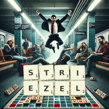 Kreative Illustration für ein Scrabble-Spiel, bei dem das Wort STRIEZEL mit Steinen auf dem Brett gelegt wurde.