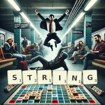 Kreative Illustration für ein Scrabble-Spiel, bei dem das Wort STRING mit Steinen auf dem Brett gelegt wurde.