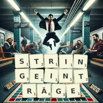 Kreative Illustration für ein Scrabble-Spiel, bei dem das Wort STRINGEINTRÄGE mit Steinen auf dem Brett gelegt wurde.