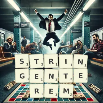 Kreative Illustration für ein Scrabble-Spiel, bei dem das Wort STRINGENTEREM mit Steinen auf dem Brett gelegt wurde.
