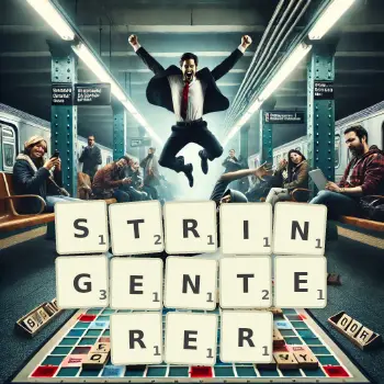 Kreative Illustration für ein Scrabble-Spiel, bei dem das Wort STRINGENTERER mit Steinen auf dem Brett gelegt wurde.
