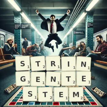Kreative Illustration für ein Scrabble-Spiel, bei dem das Wort STRINGENTESTEM mit Steinen auf dem Brett gelegt wurde.