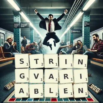 Kreative Illustration für ein Scrabble-Spiel, bei dem das Wort STRINGVARIABLEN mit Steinen auf dem Brett gelegt wurde.