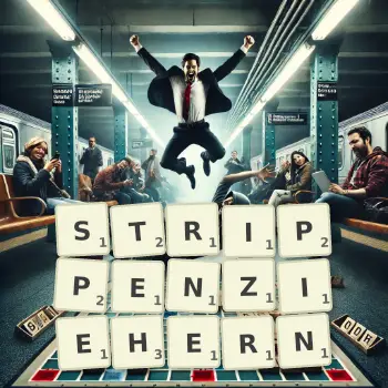 Kreative Illustration für ein Scrabble-Spiel, bei dem das Wort STRIPPENZIEHERN mit Steinen auf dem Brett gelegt wurde.