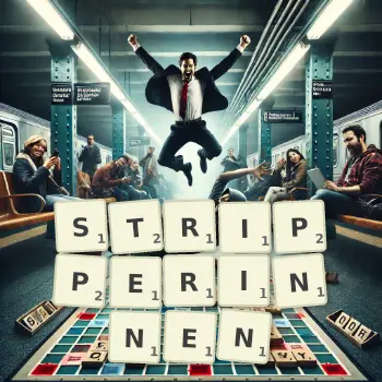 Kreative Illustration für ein Scrabble-Spiel, bei dem das Wort STRIPPERINNEN mit Steinen auf dem Brett gelegt wurde.