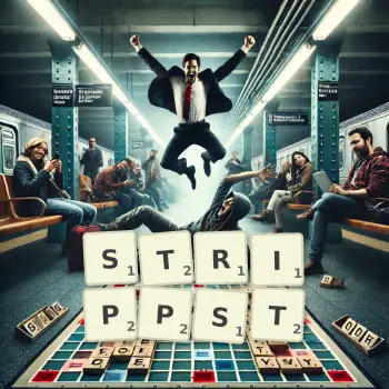 Kreative Illustration für ein Scrabble-Spiel, bei dem das Wort STRIPPST mit Steinen auf dem Brett gelegt wurde.