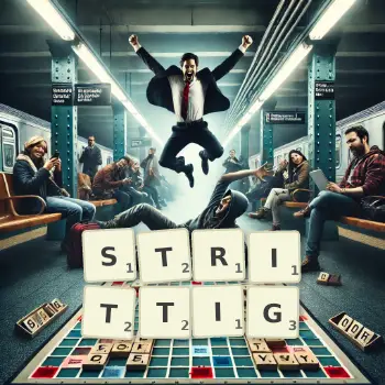 Kreative Illustration für ein Scrabble-Spiel, bei dem das Wort STRITTIG mit Steinen auf dem Brett gelegt wurde.