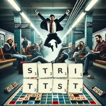 Kreative Illustration für ein Scrabble-Spiel, bei dem das Wort STRITTST mit Steinen auf dem Brett gelegt wurde.