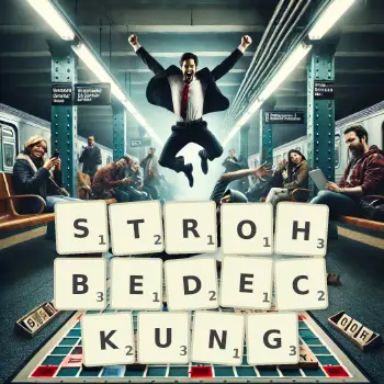 Kreative Illustration für ein Scrabble-Spiel, bei dem das Wort STROHBEDECKUNG mit Steinen auf dem Brett gelegt wurde.