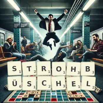 Kreative Illustration für ein Scrabble-Spiel, bei dem das Wort STROHBÜSCHEL mit Steinen auf dem Brett gelegt wurde.