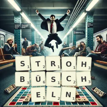 Kreative Illustration für ein Scrabble-Spiel, bei dem das Wort STROHBÜSCHELN mit Steinen auf dem Brett gelegt wurde.