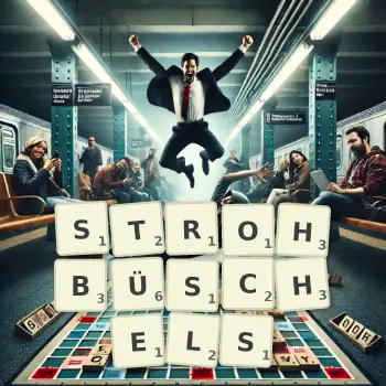 Kreative Illustration für ein Scrabble-Spiel, bei dem das Wort STROHBÜSCHELS mit Steinen auf dem Brett gelegt wurde.