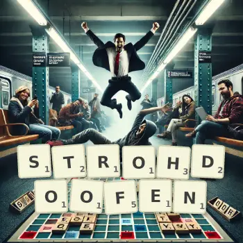 Kreative Illustration für ein Scrabble-Spiel, bei dem das Wort STROHDOOFEN mit Steinen auf dem Brett gelegt wurde.