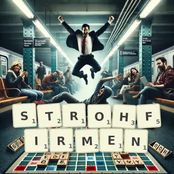 Kreative Illustration für ein Scrabble-Spiel, bei dem das Wort STROHFIRMEN mit Steinen auf dem Brett gelegt wurde.