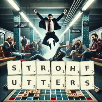 Kreative Illustration für ein Scrabble-Spiel, bei dem das Wort STROHFUTTERS mit Steinen auf dem Brett gelegt wurde.