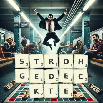 Kreative Illustration für ein Scrabble-Spiel, bei dem das Wort STROHGEDECKTE mit Steinen auf dem Brett gelegt wurde.