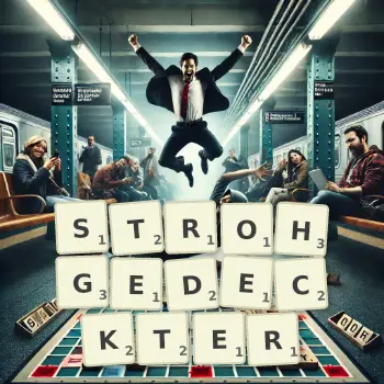 Kreative Illustration für ein Scrabble-Spiel, bei dem das Wort STROHGEDECKTER mit Steinen auf dem Brett gelegt wurde.