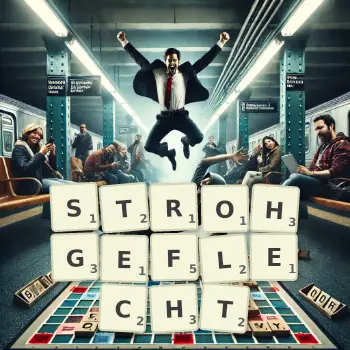 Kreative Illustration für ein Scrabble-Spiel, bei dem das Wort STROHGEFLECHT mit Steinen auf dem Brett gelegt wurde.