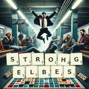 Kreative Illustration für ein Scrabble-Spiel, bei dem das Wort STROHGELBES mit Steinen auf dem Brett gelegt wurde.