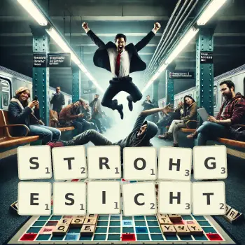 Kreative Illustration für ein Scrabble-Spiel, bei dem das Wort STROHGESICHT mit Steinen auf dem Brett gelegt wurde.