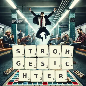 Kreative Illustration für ein Scrabble-Spiel, bei dem das Wort STROHGESICHTER mit Steinen auf dem Brett gelegt wurde.