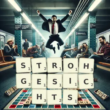 Kreative Illustration für ein Scrabble-Spiel, bei dem das Wort STROHGESICHTS mit Steinen auf dem Brett gelegt wurde.