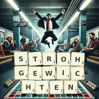 Kreative Illustration für ein Scrabble-Spiel, bei dem das Wort STROHGEWICHTEN mit Steinen auf dem Brett gelegt wurde.