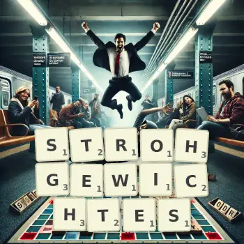 Kreative Illustration für ein Scrabble-Spiel, bei dem das Wort STROHGEWICHTES mit Steinen auf dem Brett gelegt wurde.