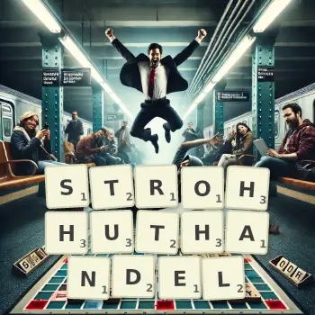 Kreative Illustration für ein Scrabble-Spiel, bei dem das Wort STROHHUTHANDEL mit Steinen auf dem Brett gelegt wurde.