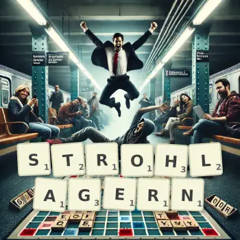 Kreative Illustration für ein Scrabble-Spiel, bei dem das Wort STROHLAGERN mit Steinen auf dem Brett gelegt wurde.