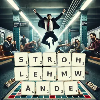 Kreative Illustration für ein Scrabble-Spiel, bei dem das Wort STROHLEHMWÄNDE mit Steinen auf dem Brett gelegt wurde.