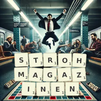 Kreative Illustration für ein Scrabble-Spiel, bei dem das Wort STROHMAGAZINEN mit Steinen auf dem Brett gelegt wurde.