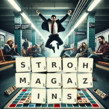Kreative Illustration für ein Scrabble-Spiel, bei dem das Wort STROHMAGAZINS mit Steinen auf dem Brett gelegt wurde.