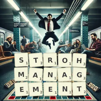 Kreative Illustration für ein Scrabble-Spiel, bei dem das Wort STROHMANAGEMENT mit Steinen auf dem Brett gelegt wurde.