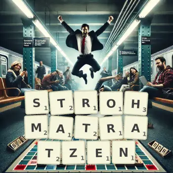 Kreative Illustration für ein Scrabble-Spiel, bei dem das Wort STROHMATRATZEN mit Steinen auf dem Brett gelegt wurde.