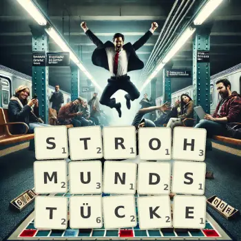 Kreative Illustration für ein Scrabble-Spiel, bei dem das Wort STROHMUNDSTÜCKE mit Steinen auf dem Brett gelegt wurde.