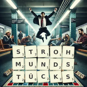 Kreative Illustration für ein Scrabble-Spiel, bei dem das Wort STROHMUNDSTÜCKS mit Steinen auf dem Brett gelegt wurde.