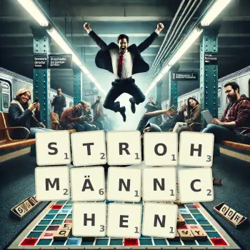 Kreative Illustration für ein Scrabble-Spiel, bei dem das Wort STROHMÄNNCHEN mit Steinen auf dem Brett gelegt wurde.