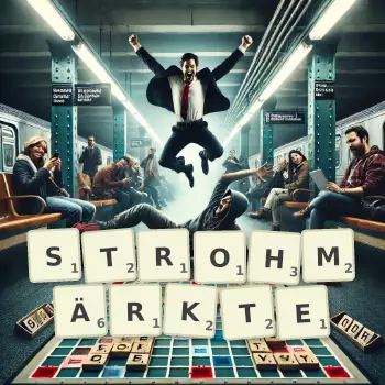 Kreative Illustration für ein Scrabble-Spiel, bei dem das Wort STROHMÄRKTE mit Steinen auf dem Brett gelegt wurde.