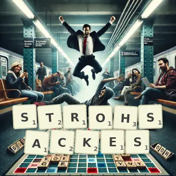 Kreative Illustration für ein Scrabble-Spiel, bei dem das Wort STROHSACKES mit Steinen auf dem Brett gelegt wurde.