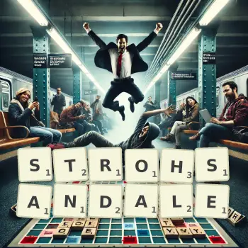 Kreative Illustration für ein Scrabble-Spiel, bei dem das Wort STROHSANDALE mit Steinen auf dem Brett gelegt wurde.