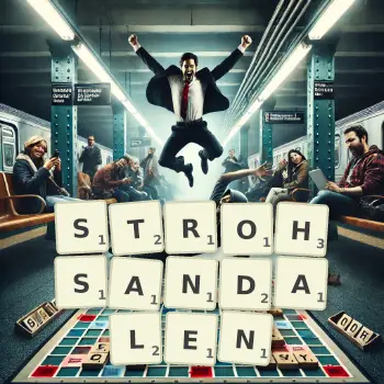 Kreative Illustration für ein Scrabble-Spiel, bei dem das Wort STROHSANDALEN mit Steinen auf dem Brett gelegt wurde.