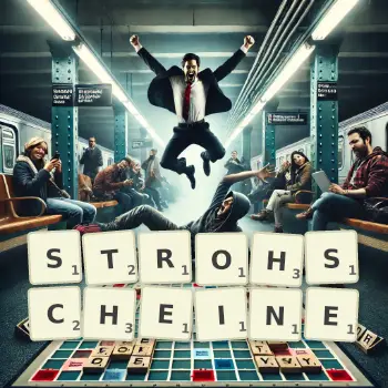 Kreative Illustration für ein Scrabble-Spiel, bei dem das Wort STROHSCHEINE mit Steinen auf dem Brett gelegt wurde.