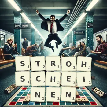 Kreative Illustration für ein Scrabble-Spiel, bei dem das Wort STROHSCHEINEN mit Steinen auf dem Brett gelegt wurde.
