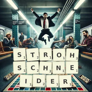Kreative Illustration für ein Scrabble-Spiel, bei dem das Wort STROHSCHNEIDER mit Steinen auf dem Brett gelegt wurde.