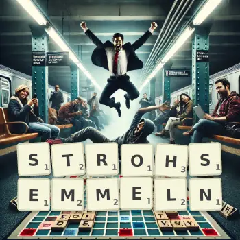Kreative Illustration für ein Scrabble-Spiel, bei dem das Wort STROHSEMMELN mit Steinen auf dem Brett gelegt wurde.
