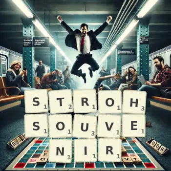 Kreative Illustration für ein Scrabble-Spiel, bei dem das Wort STROHSOUVENIR mit Steinen auf dem Brett gelegt wurde.