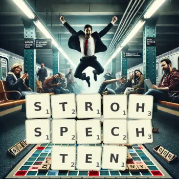 Kreative Illustration für ein Scrabble-Spiel, bei dem das Wort STROHSPECHTEN mit Steinen auf dem Brett gelegt wurde.