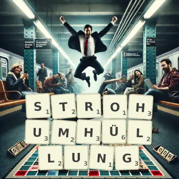 Kreative Illustration für ein Scrabble-Spiel, bei dem das Wort STROHUMHÜLLUNG mit Steinen auf dem Brett gelegt wurde.
