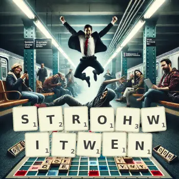 Kreative Illustration für ein Scrabble-Spiel, bei dem das Wort STROHWITWEN mit Steinen auf dem Brett gelegt wurde.